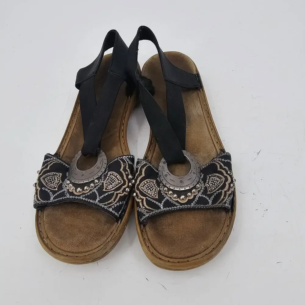 Y2K Rieker Beaded Black Embroidered Strappy Sandals Boho Silver Emblem EU 40 9.5